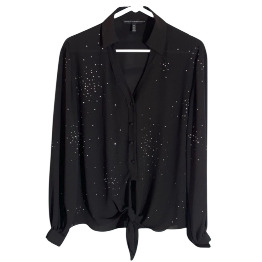 White House Black Market Black Rhinestone Sheer Blouse XS - Picture 10 of 10